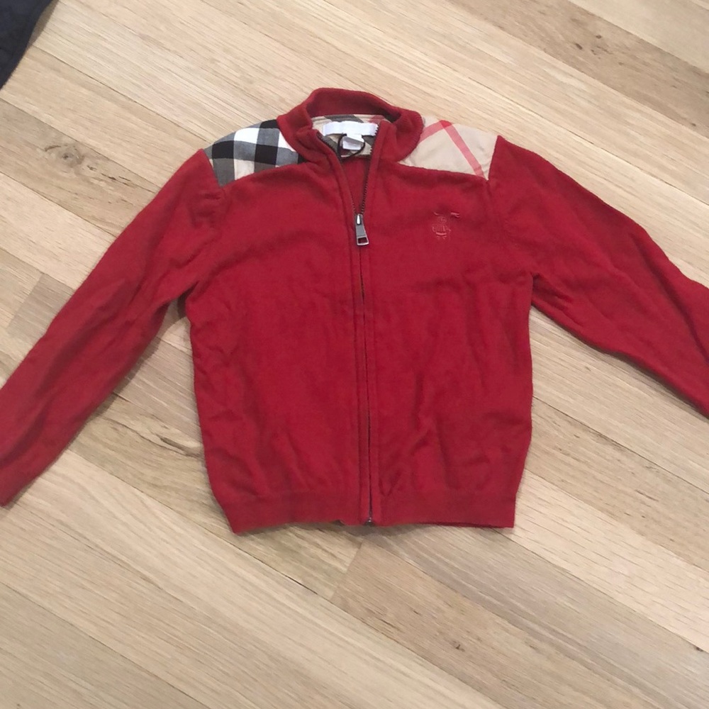 Burberry kids red zip up sweater with plaid check pattern